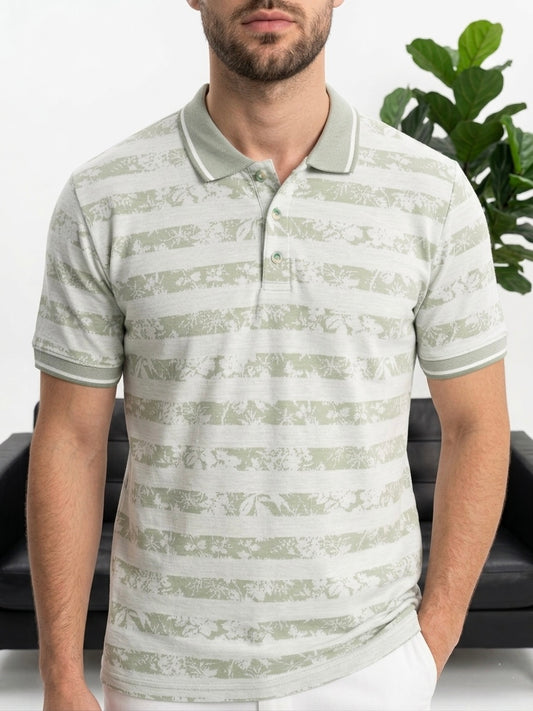 Erkek Haki Çizgili Desenli Polo Yaka Triko Tişört - MRN26111