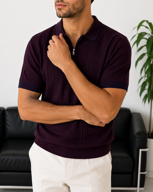 Erkek Bordo Fermuar Yaka Desenli Triko Polo Tişört - MRN2685