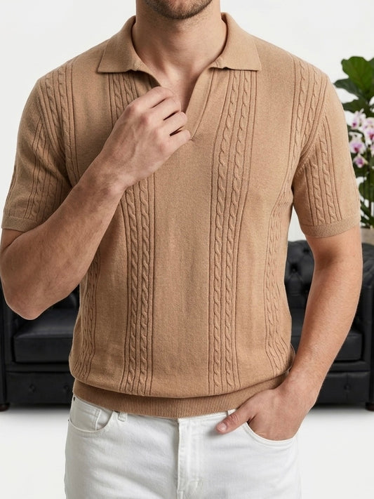 Erkek Kamel Saç Örgü Desenli Triko Polo Yaka T-shirt - MRN26106
