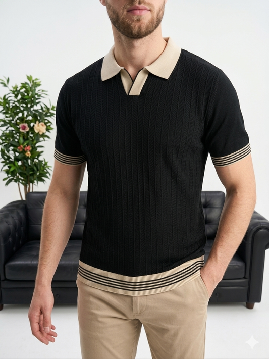 Erkek Siyah Polo Yaka Dokulu Triko T-shirt - MRN2675