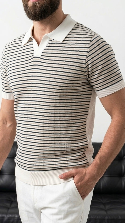 Erkek Beyaz Nefti Bej Çizgili Triko Polo Yaka Kısa Kollu Kazak - MRN2679