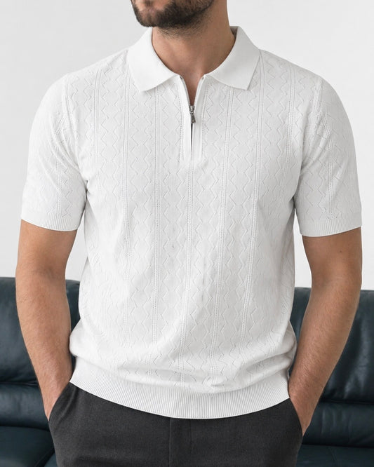 Erkek Beyaz Yarım Fermuarlı Polo Yaka Desenli Triko Tişört - MRN2678