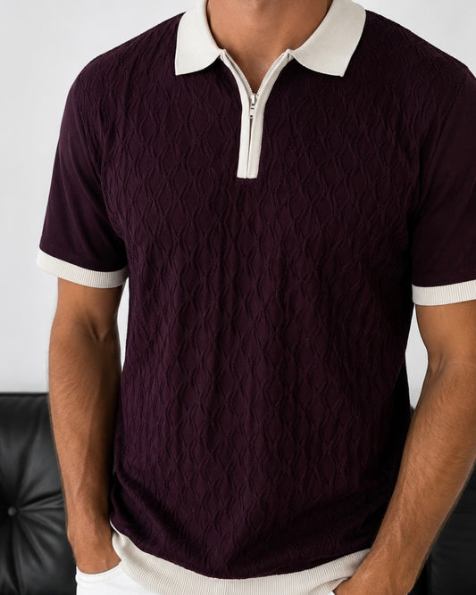 Erkek Bordo Fermuar Yaka Desenli Triko Polo Tişört - MRN2684