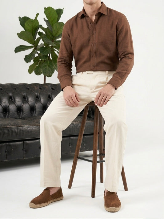 Erkek Ekru Çift Pileli Modern Kesim Kumaş Pantolon - - MRN26108