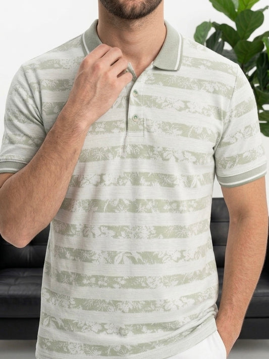 Erkek Haki Çizgili Desenli Polo Yaka Triko Tişört - MRN26111