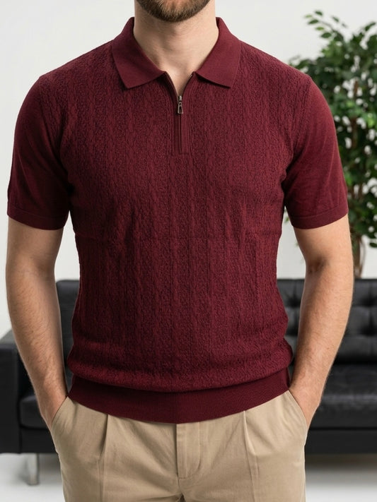 Erkek Bordo Yarım Fermuarlı Polo Yaka Triko Tişört - MRN2643