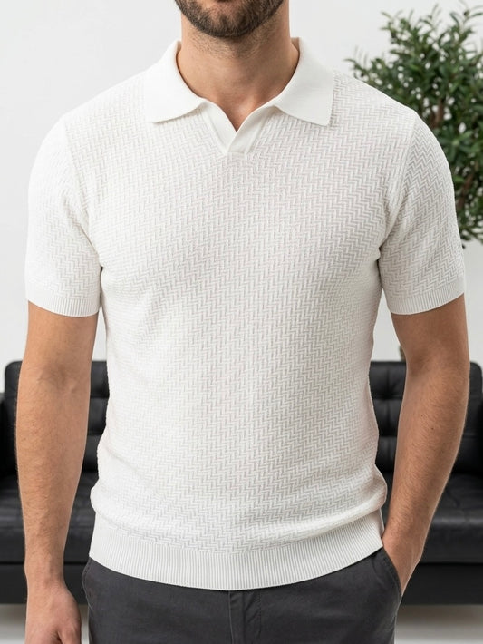 Erkek Beyaz Polo Yaka Desenli Triko Tişört - MRN2676