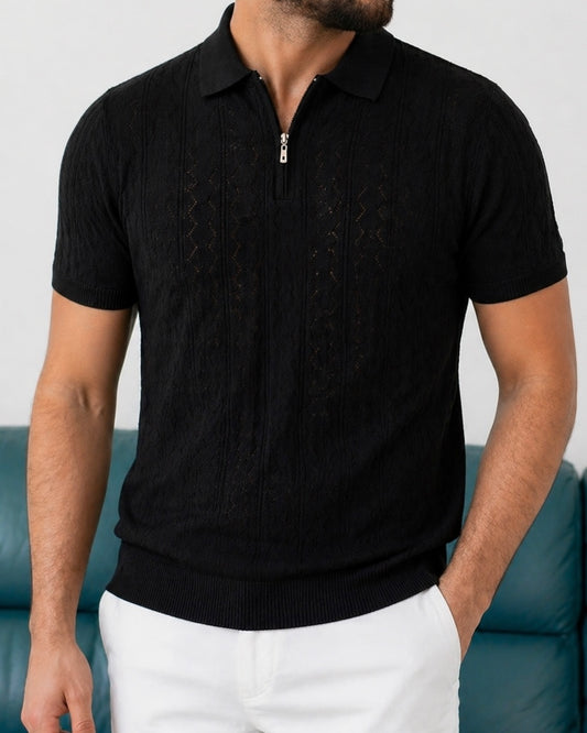 Erkek Siyah Yarım Fermuarlı Polo Yaka Desenli Triko Tişört - MRN2678