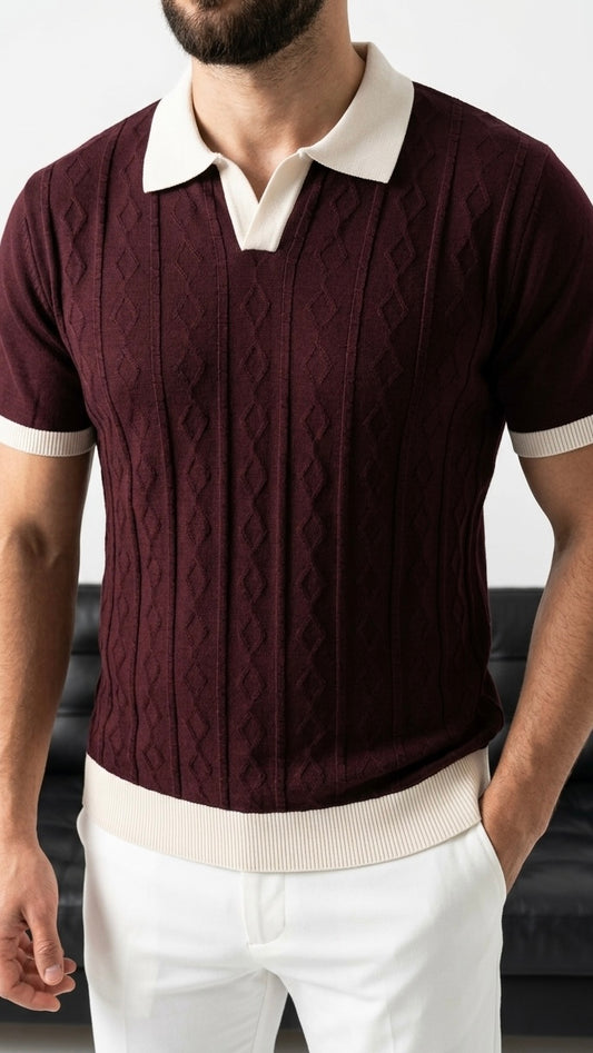 Erkek Bordo Desenli Triko Polo Yaka Tişört - MRN2681