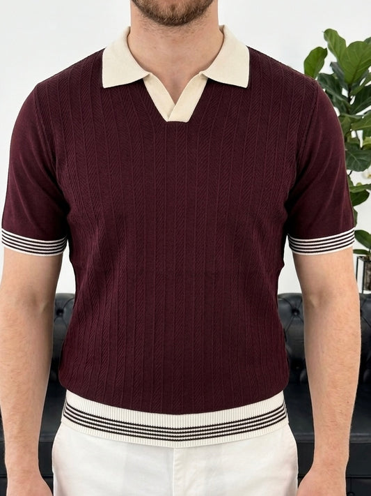 Erkek Bordo Polo Yaka Dokulu Triko T-shirt - MRN2675