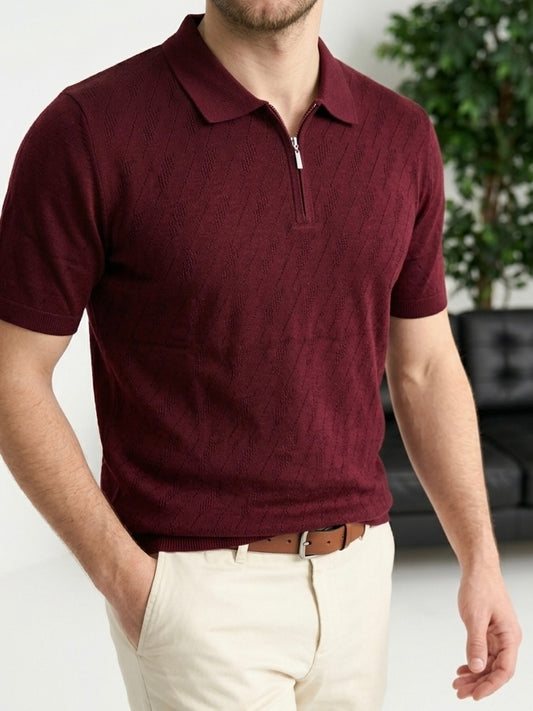Erkek Bordo Yarım Fermuarlı Örgü Polo Yaka Triko - MRN26113