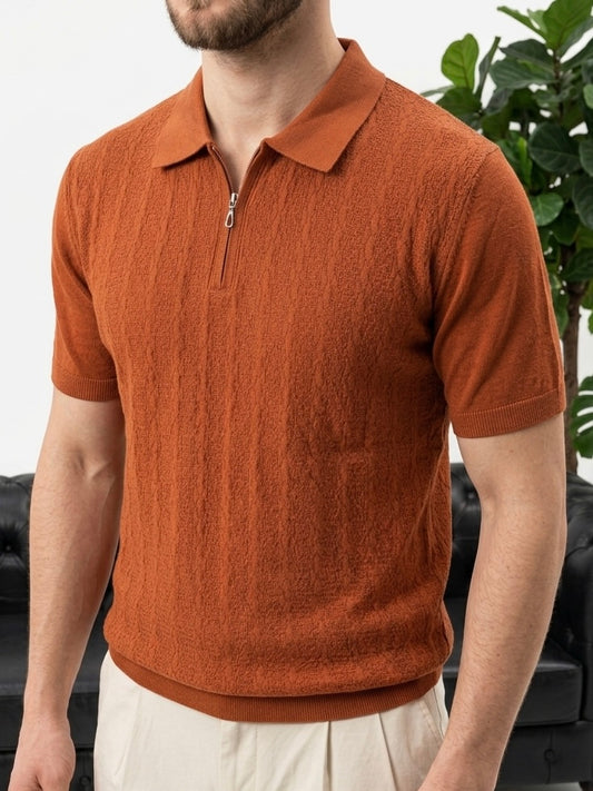 Erkek Kiremit Yarım Fermuarlı Polo Yaka Triko Tişört - MRN2643