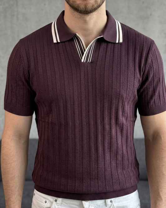 Erkek Bordo Dikey Dokulu Triko Polo Yaka Tişört - MRN2602