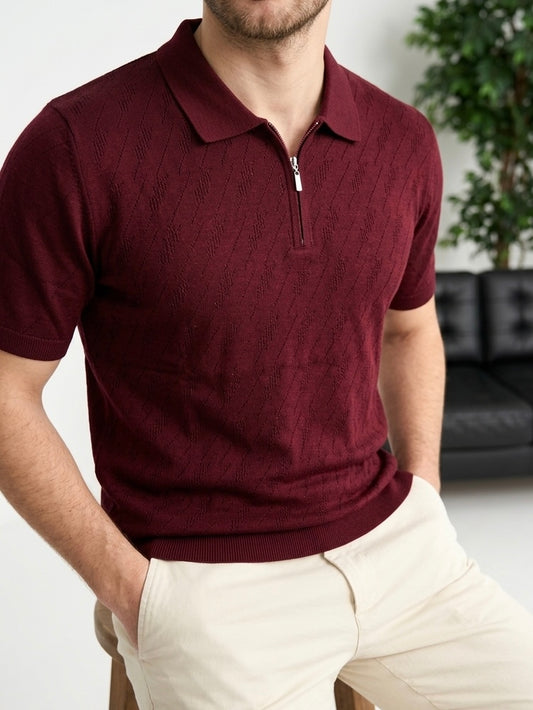 Erkek Bordo Yarım Fermuarlı Örgü Polo Yaka Triko - MRN26113