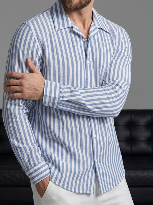 Erkek Mavi Çizgili Açık Yaka Gömlek - MRN2602