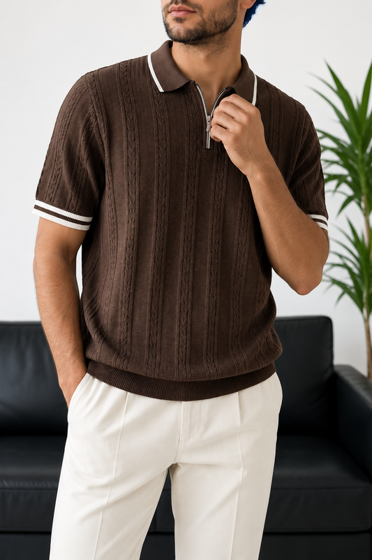 Erkek Kahve Fermuar Yaka Desenli Triko Polo Tişört - MRN2685