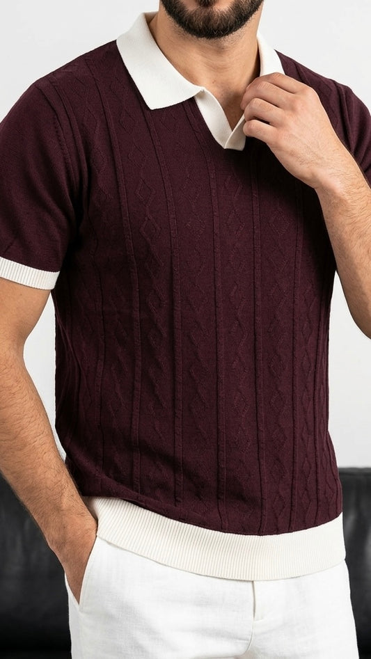 Erkek Bordo Desenli Triko Polo Yaka Tişört - MRN2681