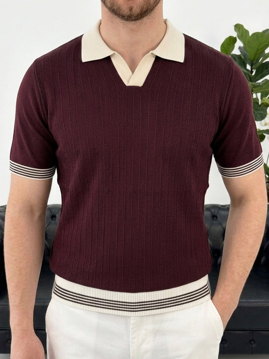 Erkek Bordo Polo Yaka Dokulu Triko T-shirt - MRN2675