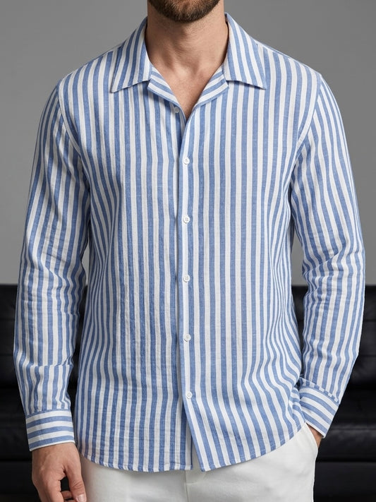 Erkek Mavi Çizgili Açık Yaka Gömlek - MRN2602