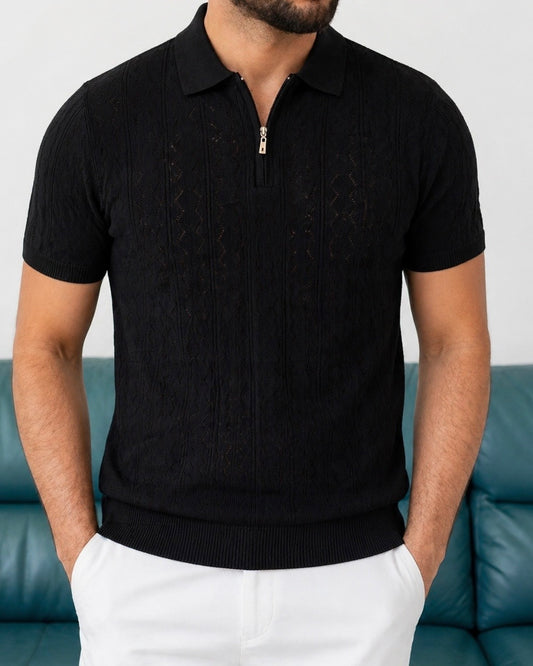 Erkek Siyah Yarım Fermuarlı Polo Yaka Desenli Triko Tişört - MRN2678