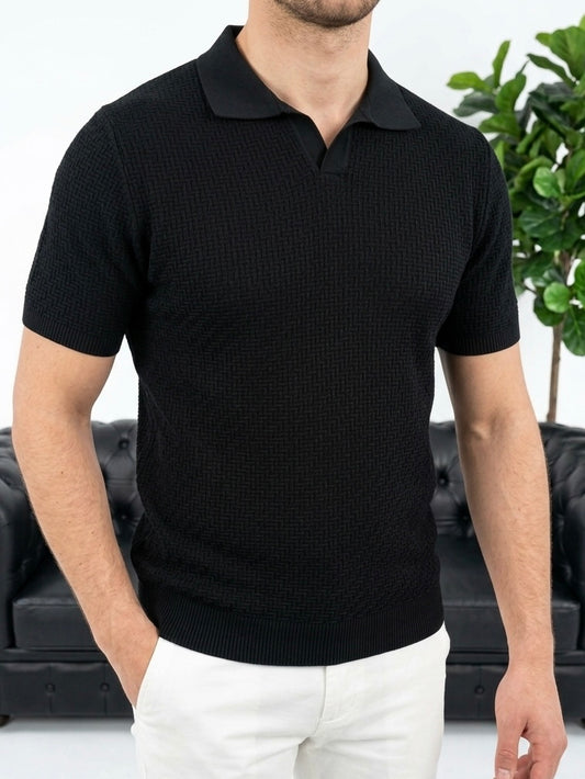 Erkek Siyah Polo Yaka Desenli Triko Tişört - MRN26110