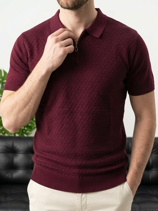 Erkek Bordo Yarım Fermuarlı Triko Polo T-Shirt - MRN2642