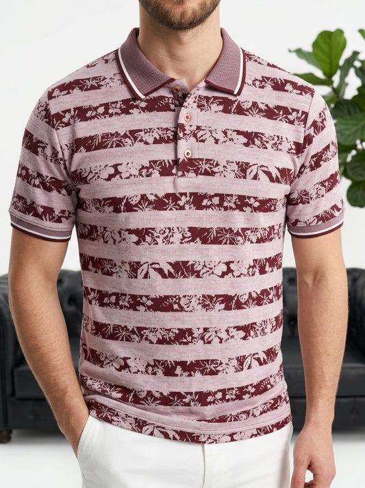Erkek Bordo Çizgili Desenli Polo Yaka Triko Tişört - MRN26111