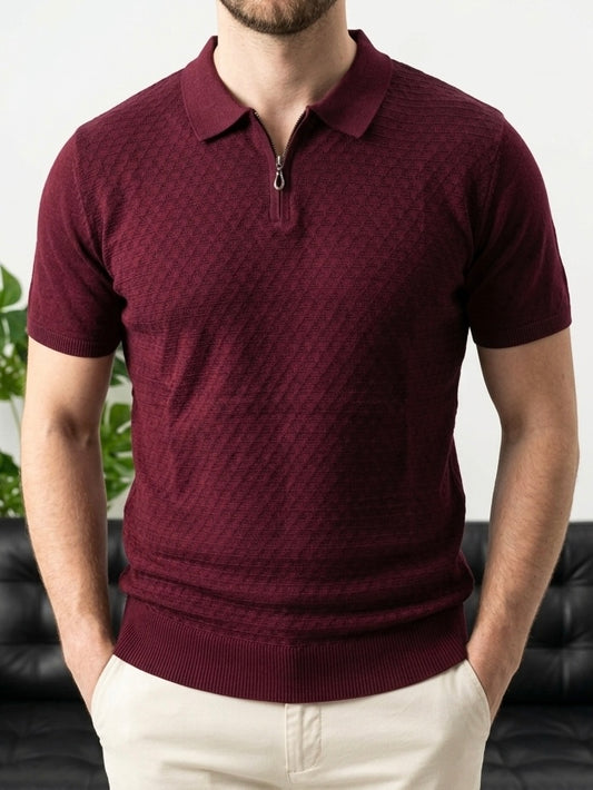 Erkek Bordo Yarım Fermuarlı Triko Polo T-Shirt - MRN2642