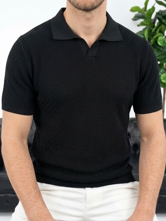 Erkek Siyah Polo Yaka Desenli Triko Tişört - MRN26110