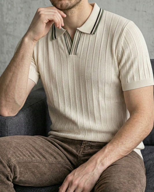 Erkek Bej Dikey Dokulu Triko Polo Yaka Tişört - MRN2602