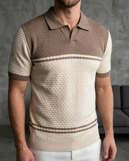 Erkek Bej Kahve Örgü Dokulu Polo Yaka Triko Tişört - MRN2637