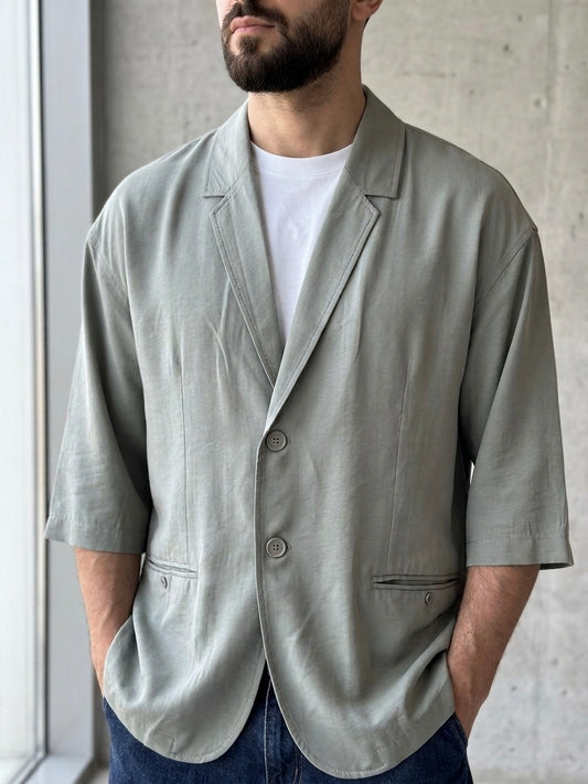 Erkek Haki Kısa Kollu Keten Blazer Ceket - MRN2615