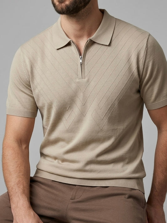 Erkek Bej Yarım Fermuarlı Polo Yaka Triko Tişört - MRN2638