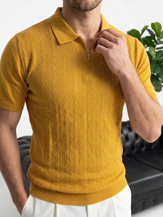 Erkek Hardal Yarım Fermuarlı Polo Yaka Triko Tişört - MRN2643