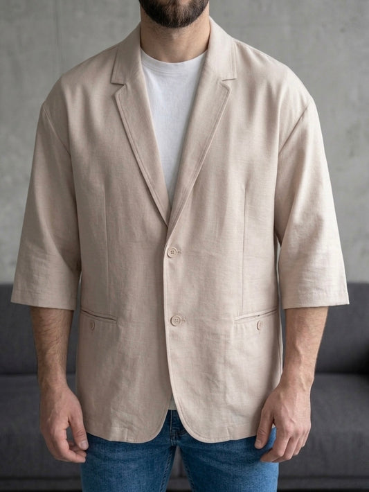 Erkek Bej Kısa Kollu Keten Blazer Ceket - MRN2615