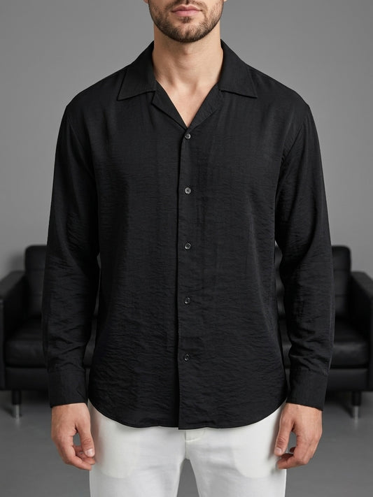 Erkek Siyah Apaçi Yaka Dökümlü Gömlek - MRN2601