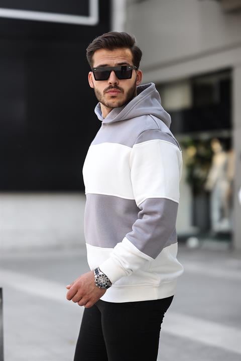 Miron Açık Gri Beyaz Blok Parçalı Overisize Kapşonlu Üç İplik Sweatshirt- 2316