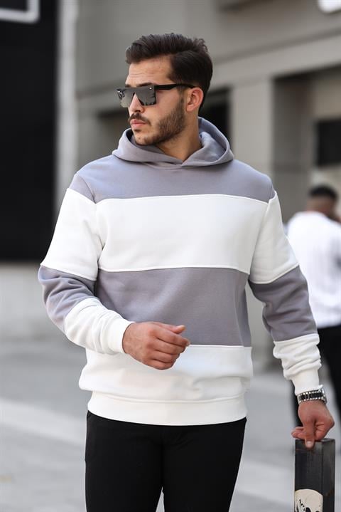 Miron Açık Gri Beyaz Blok Parçalı Overisize Kapşonlu Üç İplik Sweatshirt- 2316