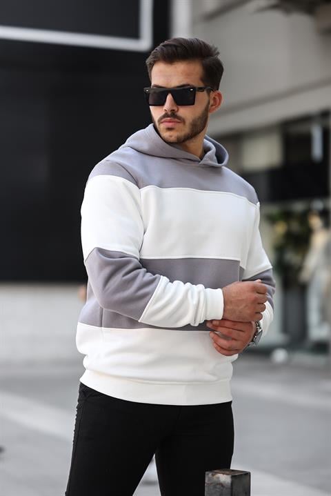 Miron Açık Gri Beyaz Blok Parçalı Overisize Kapşonlu Üç İplik Sweatshirt- 2316