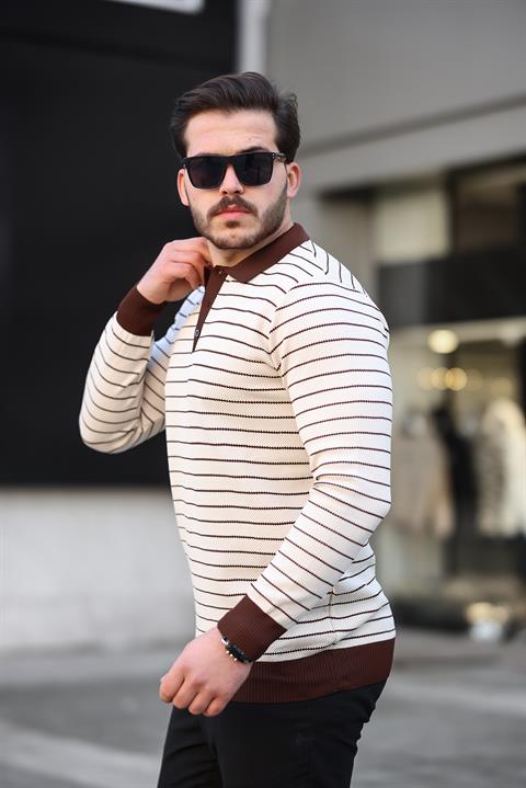 Miron Bej Düğme Detaylı Çizgili Polo Yaka Triko Kazak -2446