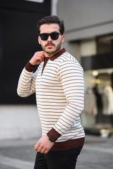 Miron Bej Düğme Detaylı Çizgili Polo Yaka Triko Kazak -2446