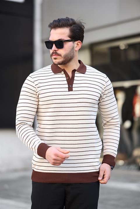 Miron Bej Düğme Detaylı Çizgili Polo Yaka Triko Kazak -2446