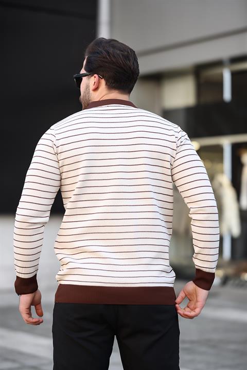 Miron Bej Düğme Detaylı Çizgili Polo Yaka Triko Kazak -2446