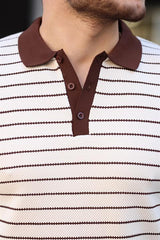 Miron Bej Düğme Detaylı Çizgili Polo Yaka Triko Kazak -2446