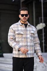 Miron Bej Ekru Ekose Kapitone Detaylı Regular Fit Ceket-2454