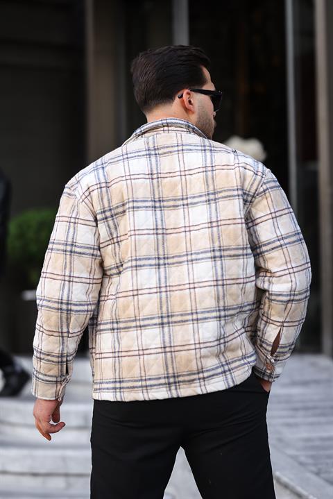 Miron Bej Ekru Ekose Kapitone Detaylı Regular Fit Ceket-2454
