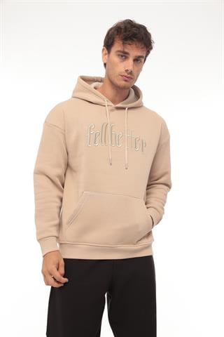 Miron Bej Fell Better Nakışlı Kapşonlu Üç İplik Oversize Sweatshirt- 2318