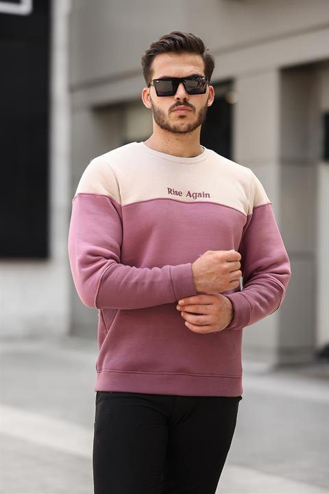 Miron Bej Gül Kurusu Mürdüm Üç Renk Blok Parçalı Sıfır Yaka Üç iplik Regular Fit Sweatshirt- 2436