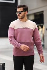 Miron Bej Gül Kurusu Mürdüm Üç Renk Blok Parçalı Sıfır Yaka Üç iplik Regular Fit Sweatshirt- 2436