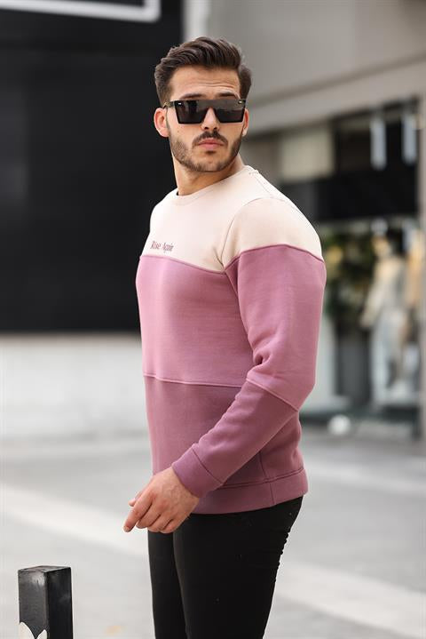 Miron Bej Gül Kurusu Mürdüm Üç Renk Blok Parçalı Sıfır Yaka Üç iplik Regular Fit Sweatshirt- 2436
